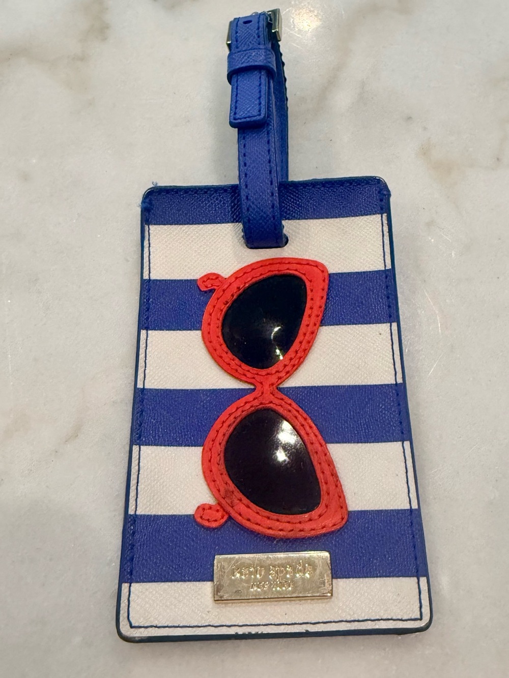 kate spade Blue & White Stripe Luggage Tag with Red Sunglasses Appliqué